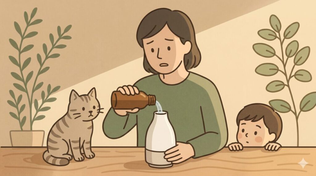 他社製アロマウォーターをディフューザーに注ぎ入れる女性と、様子を見つめる猫・子どものイラスト。アースカラーで統一されたリビングで、柔らかな光が差し込む中、少し不安げな空気感が漂う1シーンです。