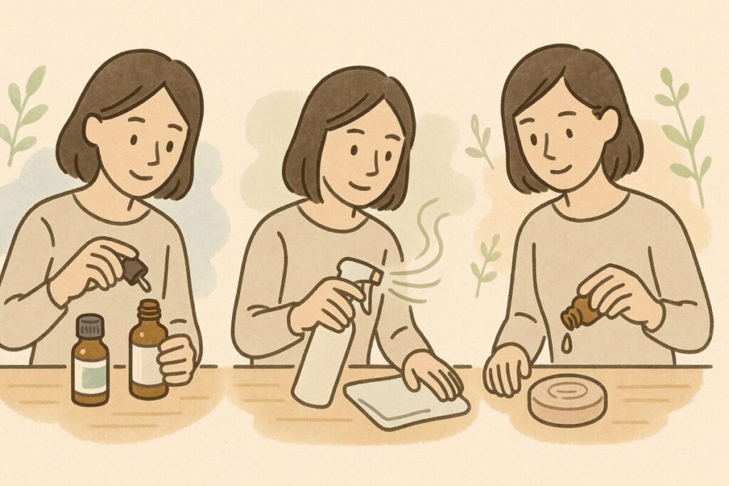 アロマスプレー作りやファブリックミスト使用など代用アイデア3種類のイラスト