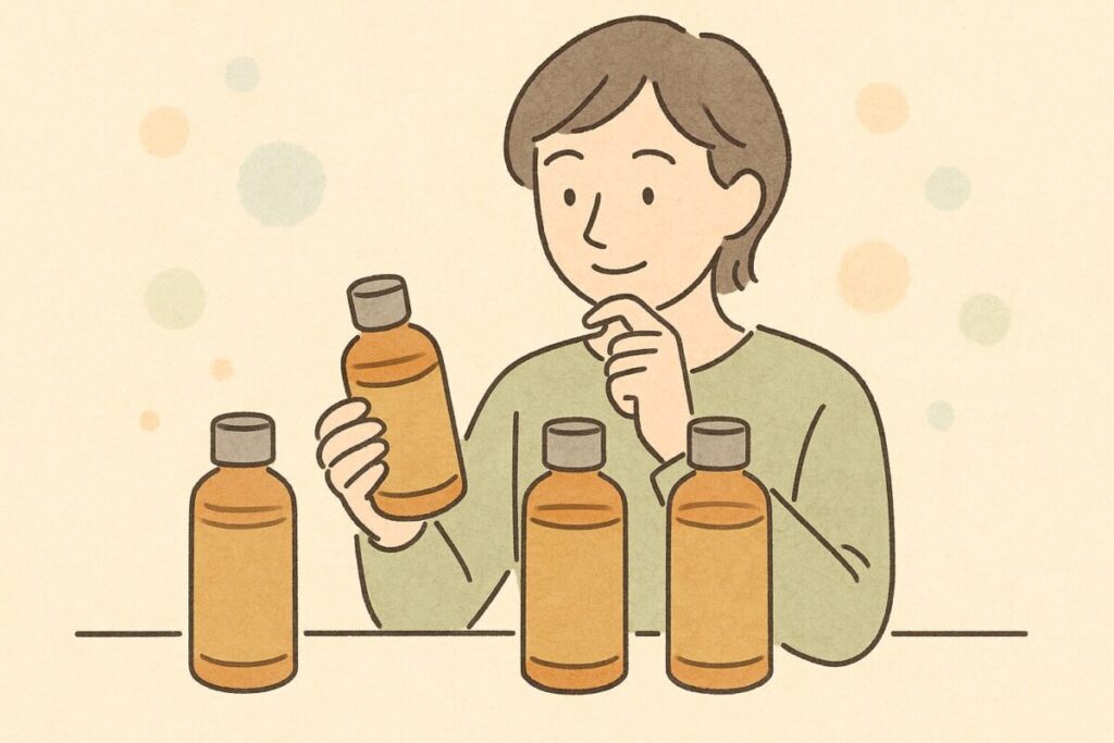 無印のアロマウォーターを選び方に迷う人のイラスト