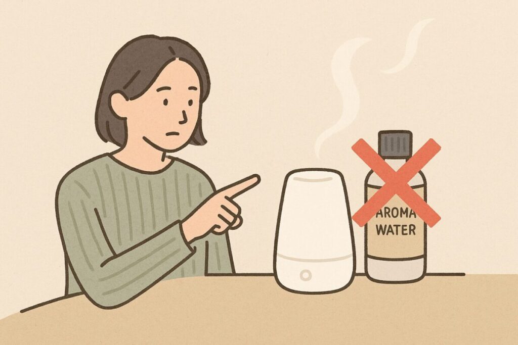 無印のディフューザーに他社アロマウォーターを入れてはだめと示すイラスト