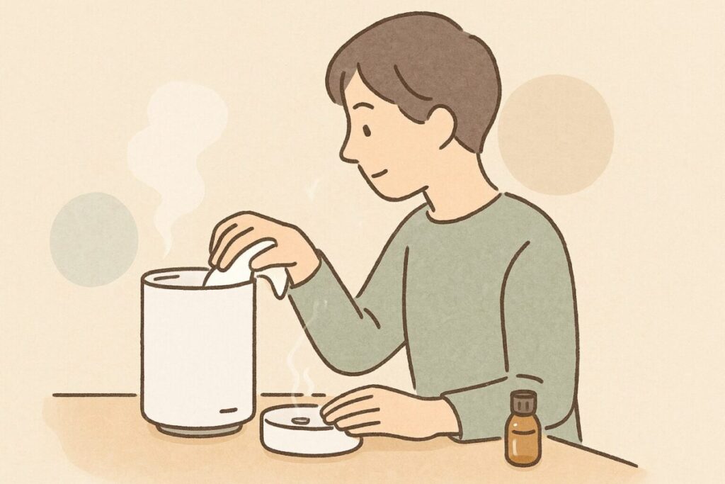 無印ディフューザーを拭き掃除してメンテナンスする人物のイラスト