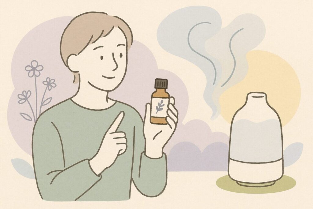 無印の純正オイルを選ぶメリットを指差しで示す人物のイラスト