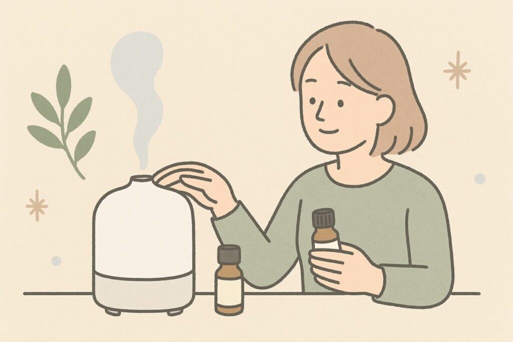 無印のディフューザーで水と純正オイルを使用する様子のイラスト