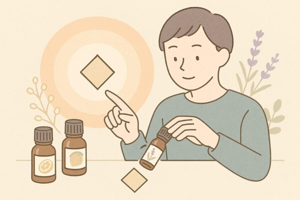 柑橘やラベンダーなどの精油から香りを選ぶ人のイラスト