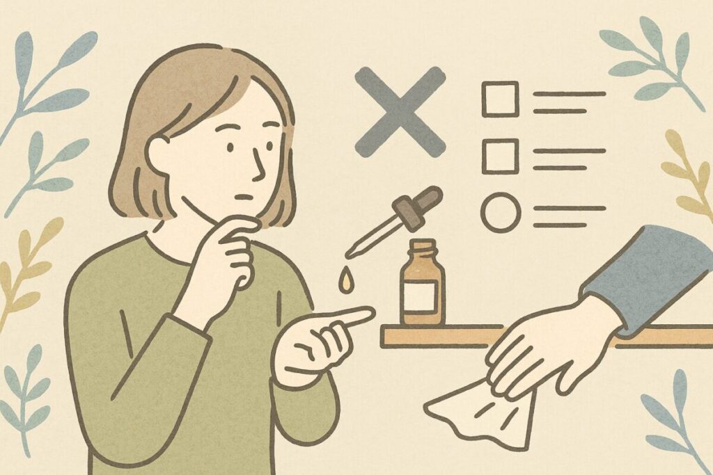 精油の誤った使い方を確認する人物と、棚を拭き取る手元を描き、トラブル防止チェックを示すイラスト。