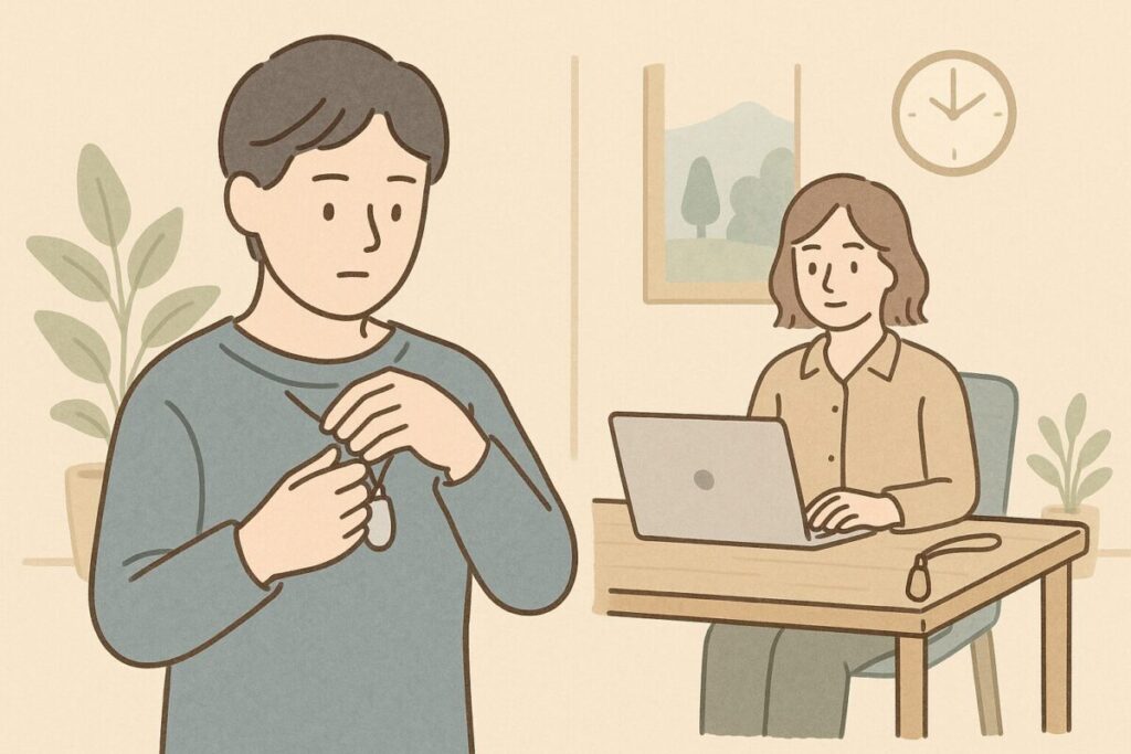 匂いが強いときにペンダントを服の中にしまいデスクの端に置いて距離をとる様子のイラスト