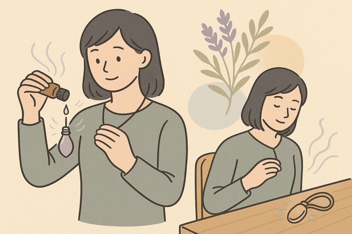 アロマペンダントにオイルを1滴垂らして静かに使う人のイラスト