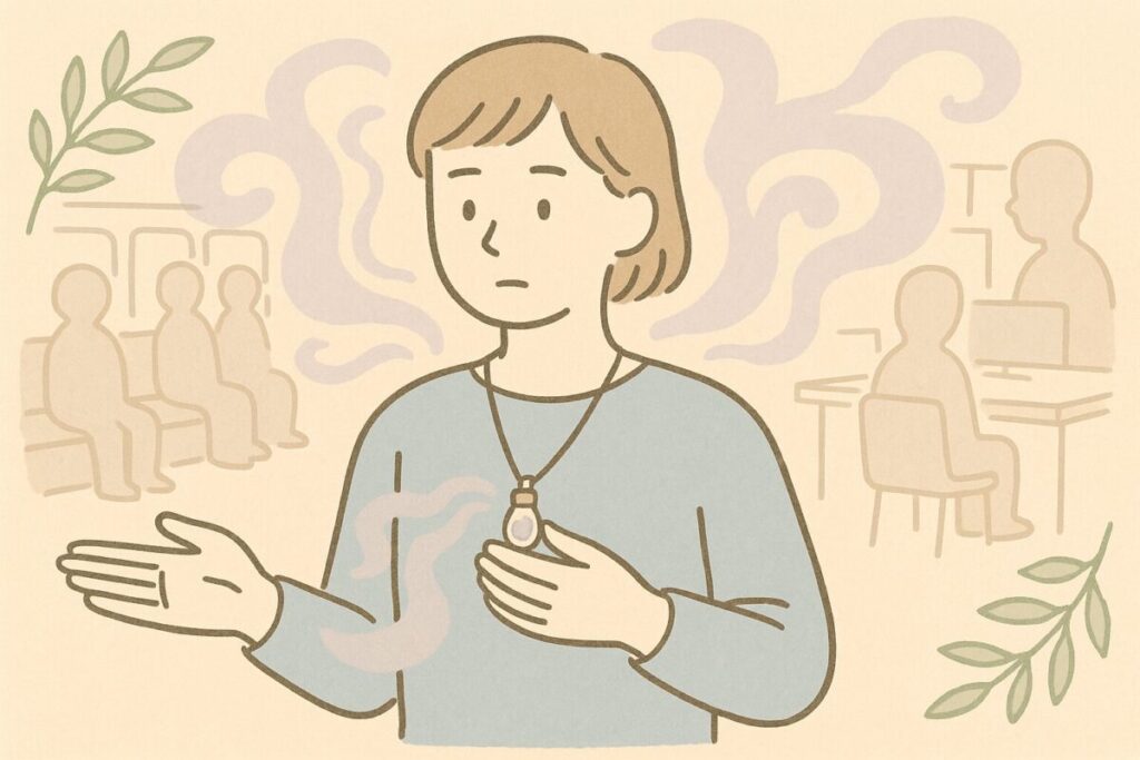 アロマペンダントの香りに困っている周囲の様子を気にする人のイラスト