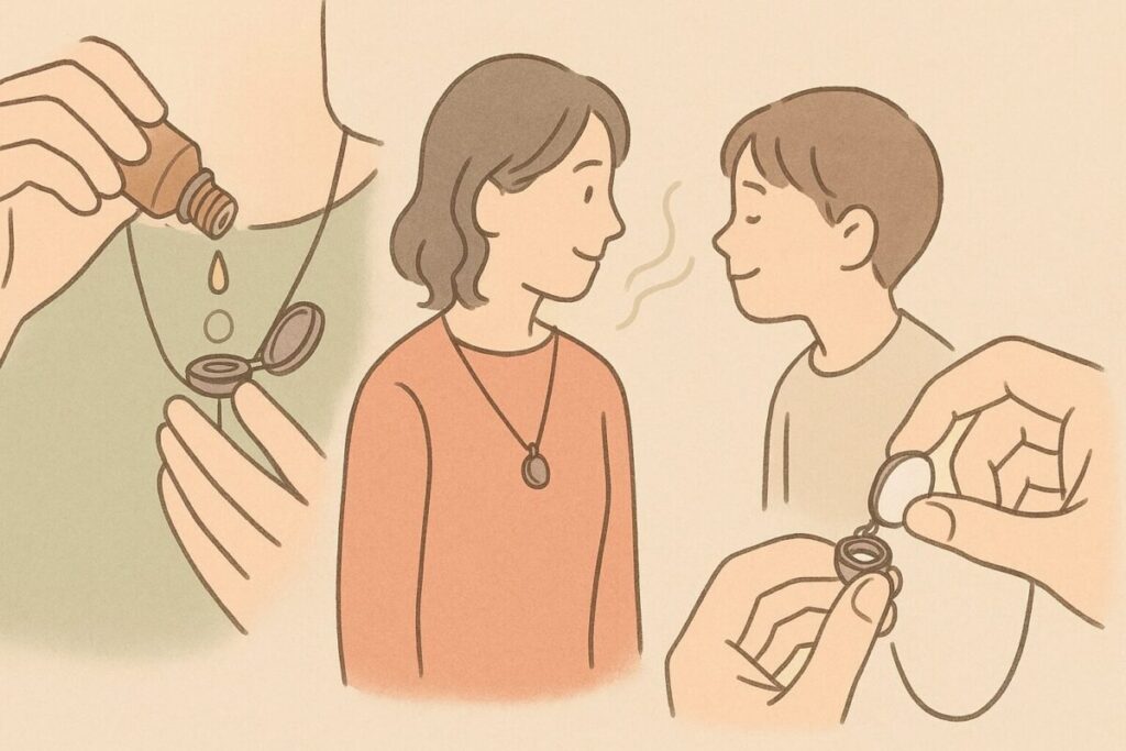 アロマペンダントにオイルを1滴垂らす・家族に香りを確認する・コットンを交換する様子のイラスト