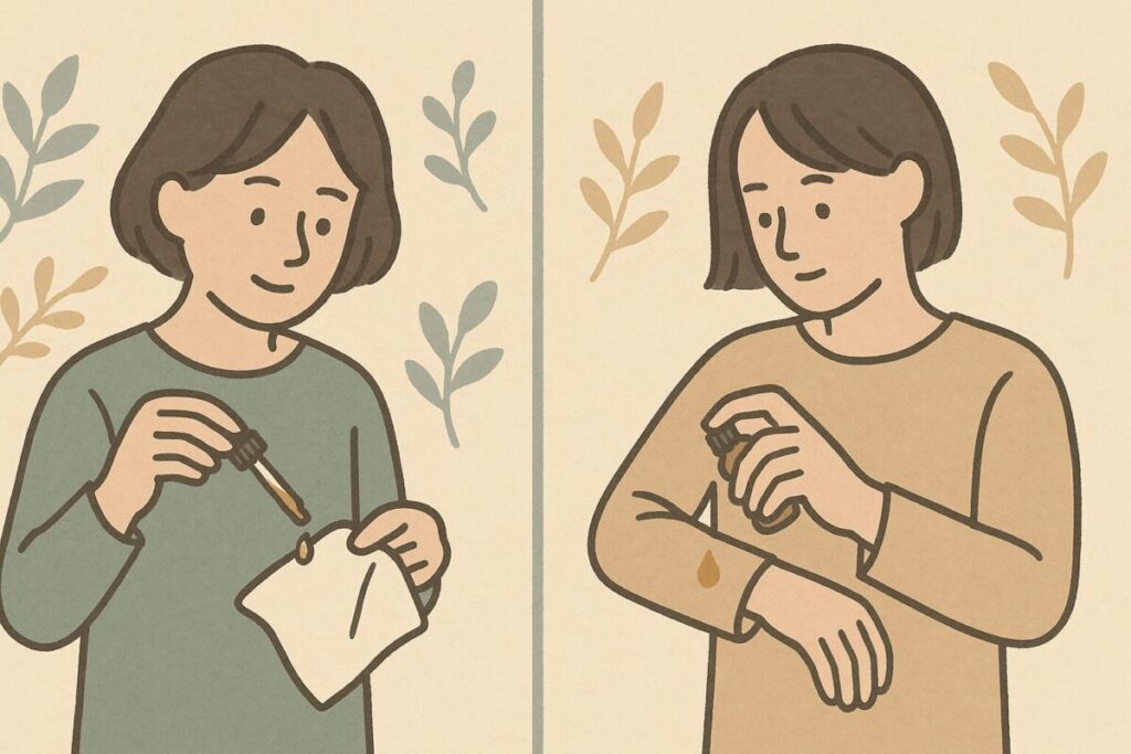 アロマオイルをハンカチに付ける方法と服の袖に香りをまとう方法を対比した、安全な代替テクニックのイラスト。