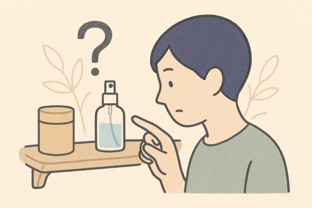 アロマスプレーについて疑問を持つ人物のイラスト