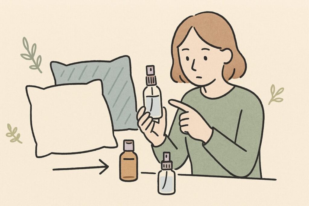 アロマスプレーの状態を棚の上で確認している人物のイラスト