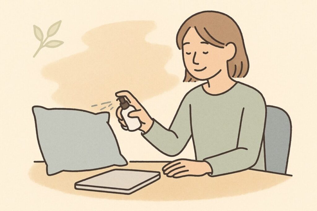 クッションにアロマスプレーを吹きかけて穏やかに過ごす人物のイラスト