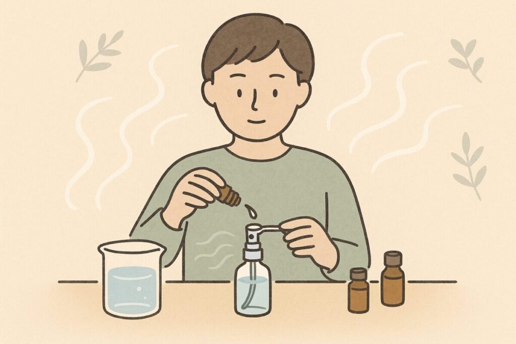 エタノールなしで水だけのアロマスプレーを作る手元のイラスト
