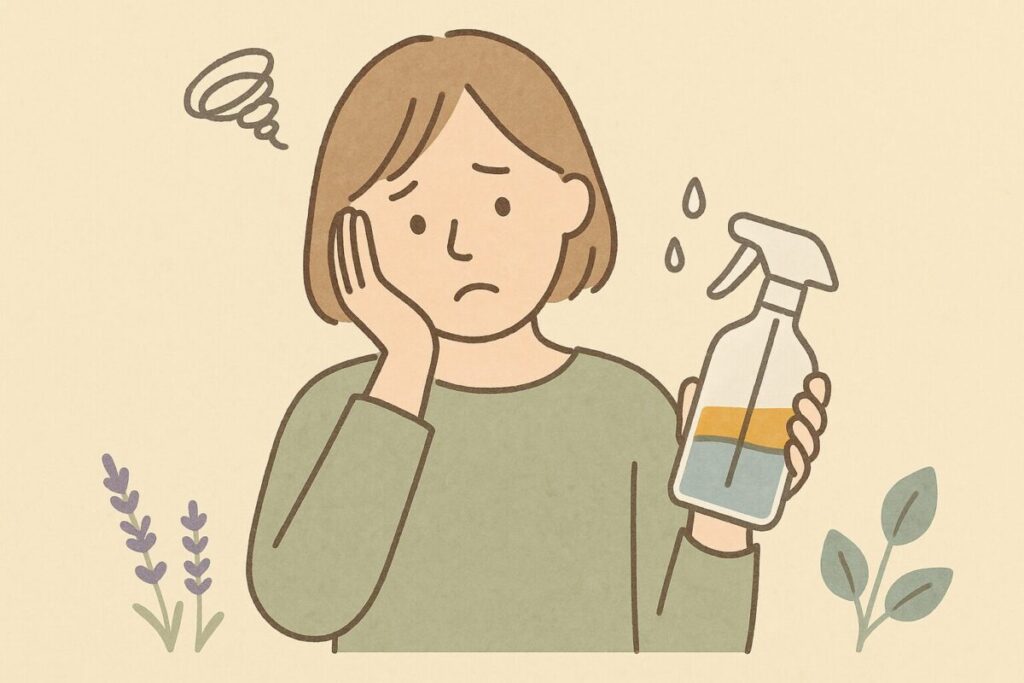 スプレーボトルの中で水とアロマオイルが分離してしまい、困っている人のイラスト