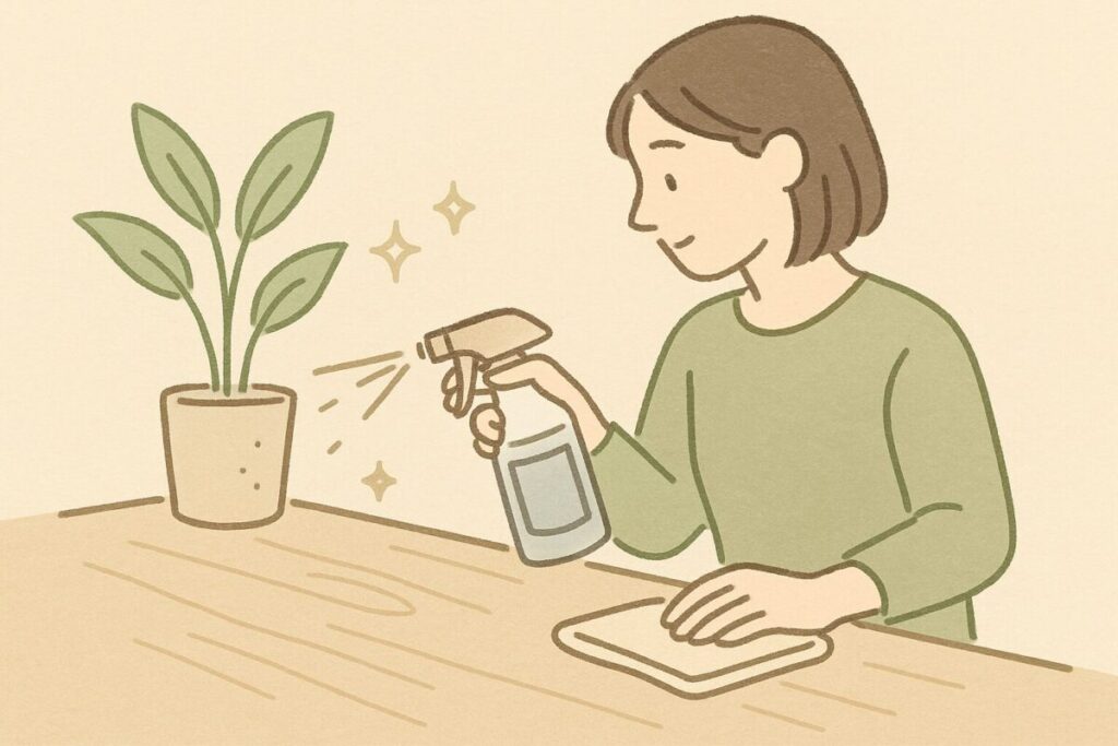 アロマウォーターを使ってテーブルを拭き掃除しているイラスト