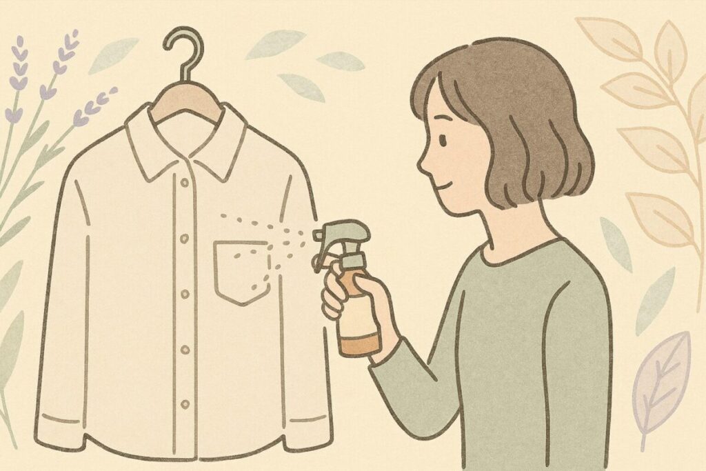 衣類にアロマウォーターをスプレーしている人物のイラスト