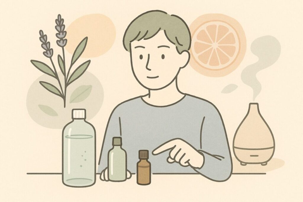 アロマウォーターの特徴を指差しながら説明している人物イラスト