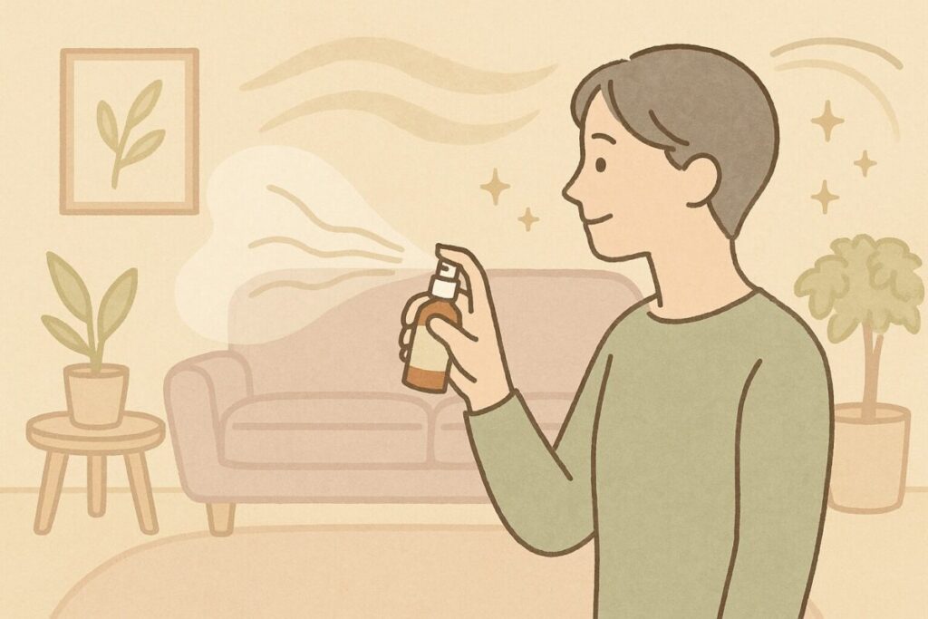 リビングでアロマウォータースプレーを噴霧して空間を整える様子