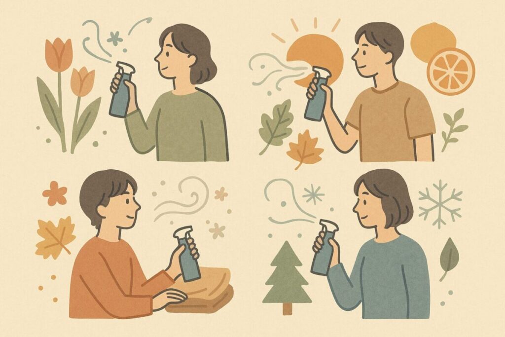 春夏秋冬それぞれでアロマウォーターを使い分けるイメージイラスト