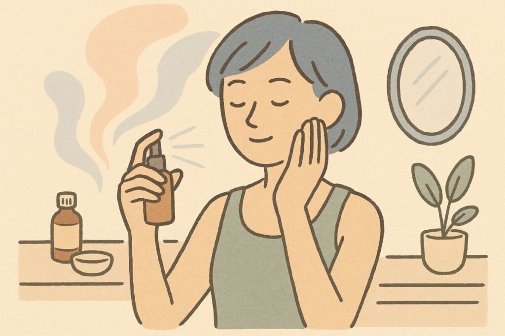 スキンケア中にアロマウォーターをミストとして使う雰囲気のイラスト