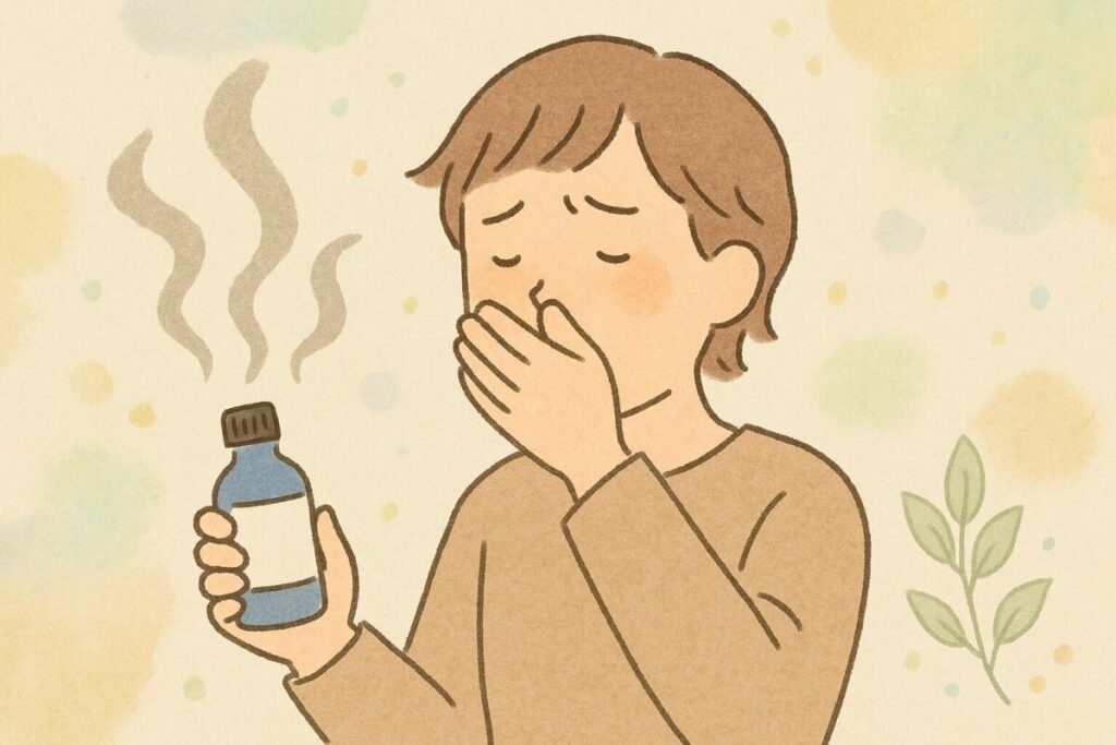 変質して匂いが悪くなったアロマウォーターを嗅いで驚いているイラスト