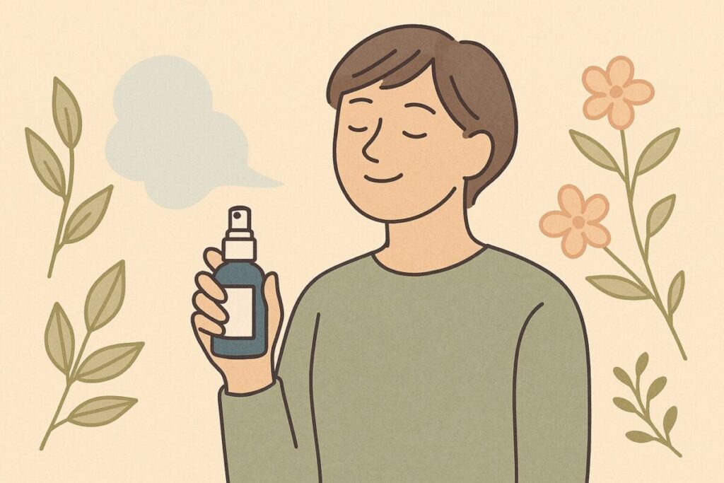 アロマウォーターをスプレーとして消臭や掃除に使う様子のイラスト