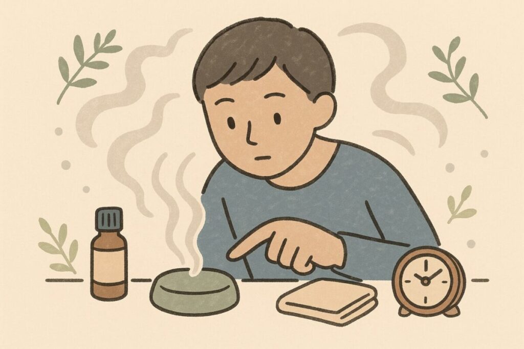 アロマストーンを覗き込みながら香りが弱い原因をチェックしているイラスト