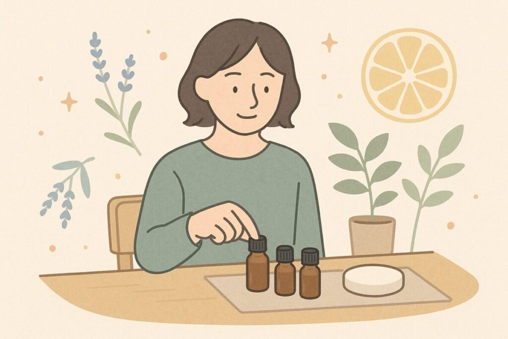 複数のアロマオイルから相性の良い香りを選んでいるイラスト