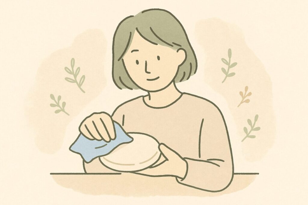 アロマストーンを布で拭いてメンテナンスしているイラスト