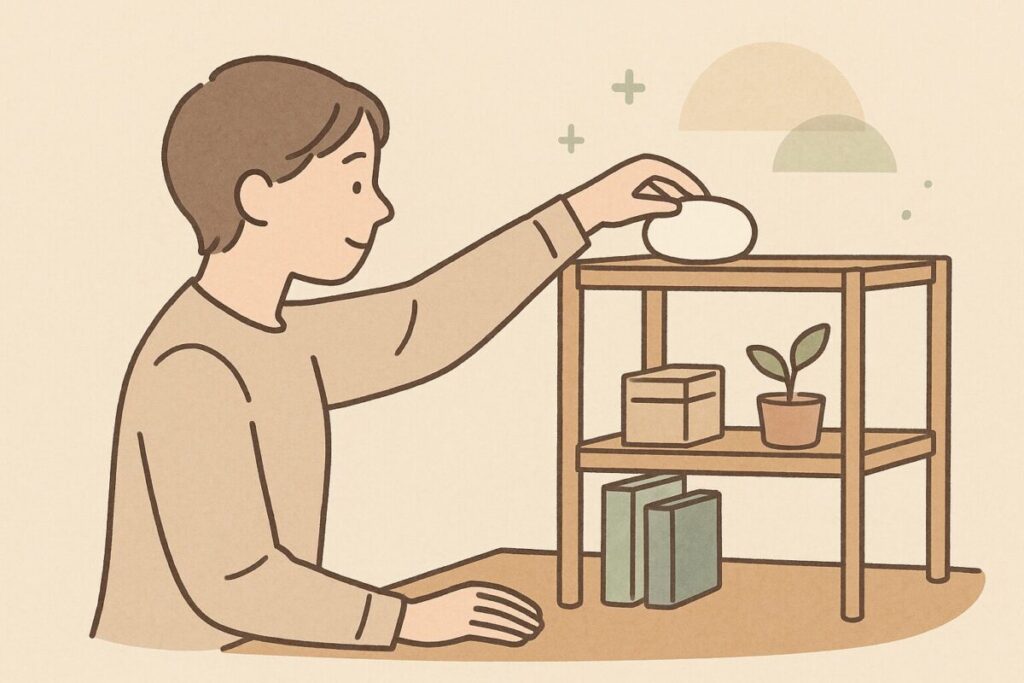 デスク上のシェルフにアロマストーンを置いて香りを広げる位置を調整しているイラスト