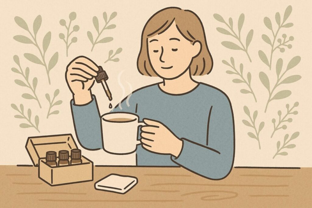 精油ボトルが入った収納ボックスとコットン、お湯の入ったマグカップにアロマを垂らす様子を描いた初心者向けセットのイラスト。