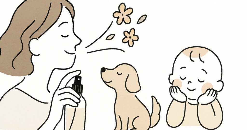 ガラス瓶の手作りアロマスプレーと子どもやペットのいる明るい室内風景を描いた画像