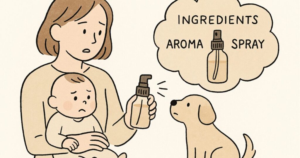 子どもやペットのいる家庭がアロマスプレーの成分を気にする様子を描いたイメージ