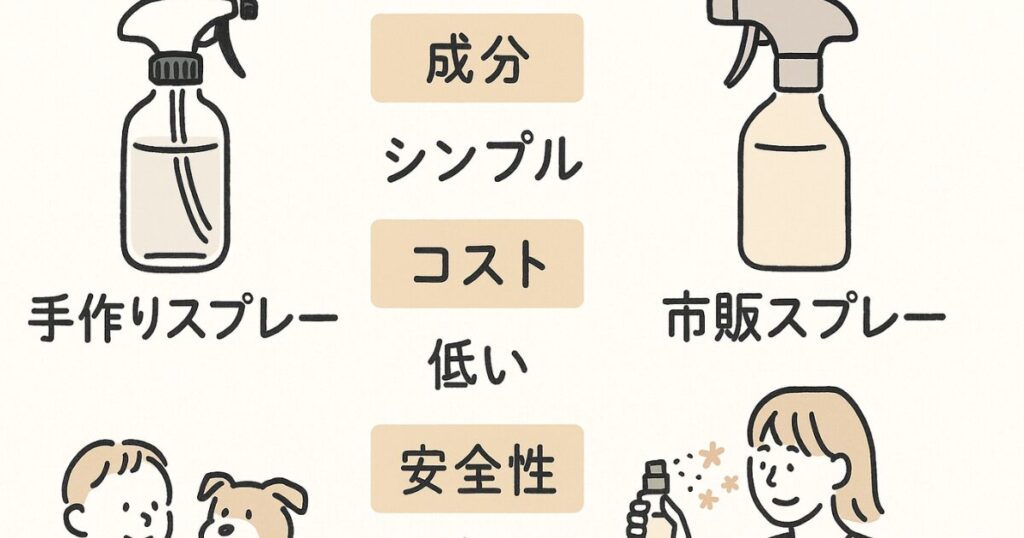 手作りアロマスプレーと市販品の違いを項目ごとに比較した表形式の図解