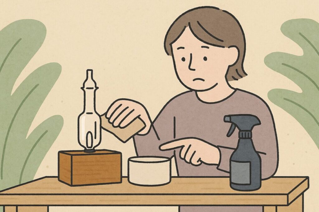 マークスアンドウェブのガラスディフューザーを手入れしながら注意点を考えている人物のイラスト