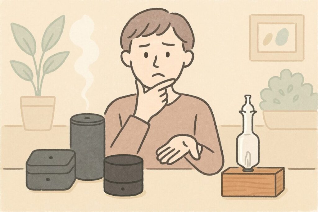 マークスアンドウェブの黒いコンパクトディフューザーと他モデルを比較して迷っている人物のイラスト