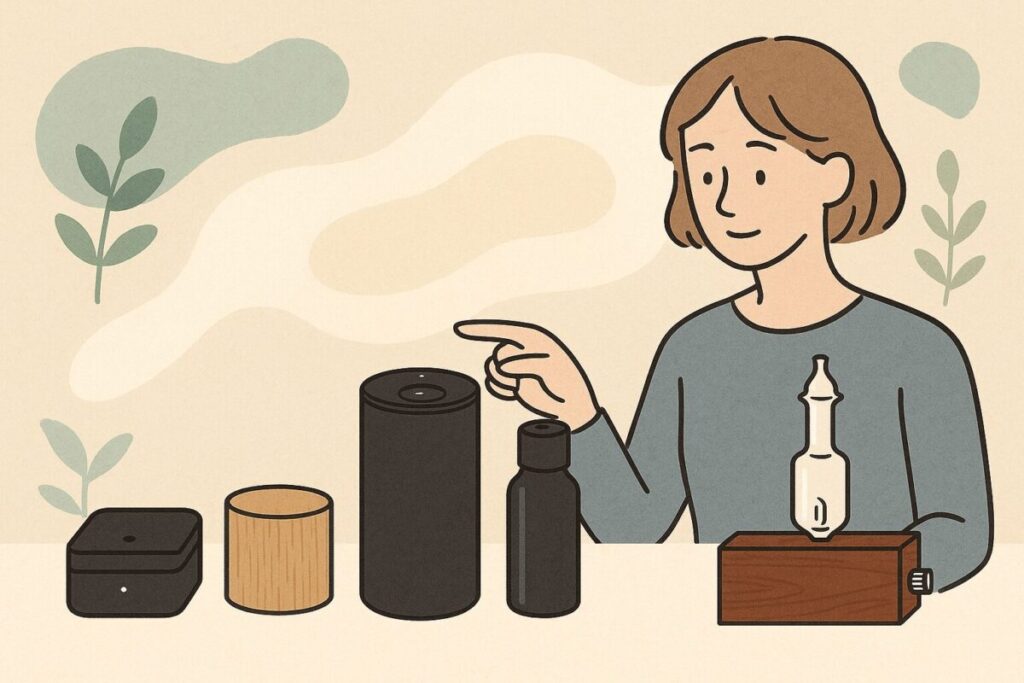 マークスアンドウェブのアロマディフューザー4種類を比較して迷っている人物のイラスト