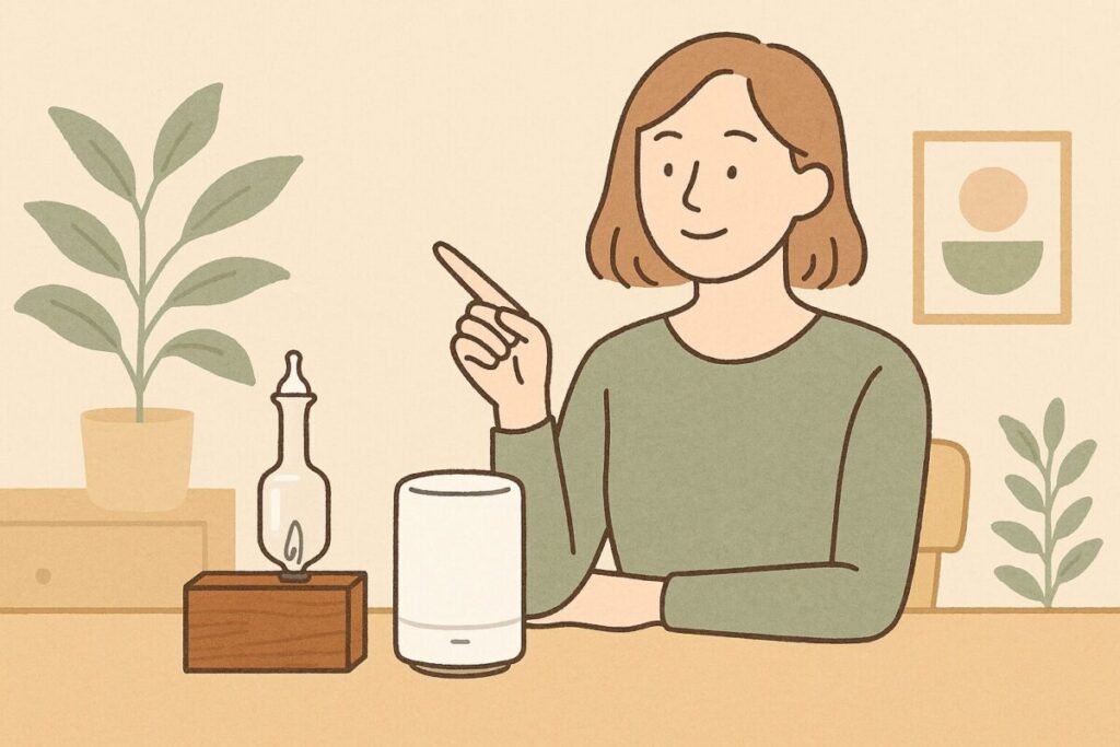 マークスアンドウェブのディフューザーと無印のディフューザーを前にポイントを示している人物のイラスト