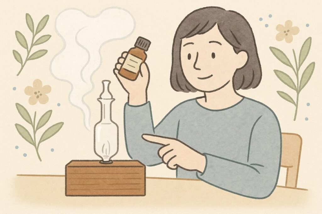 マークスアンドウェブのディフューザーを見比べて検討している人物のイラスト