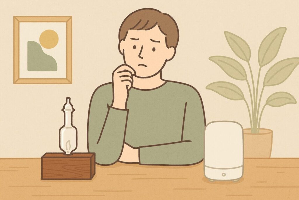 マークスアンドウェブのウッドディフューザーと無印良品の白いディフューザーを比較して迷う人物のイラスト