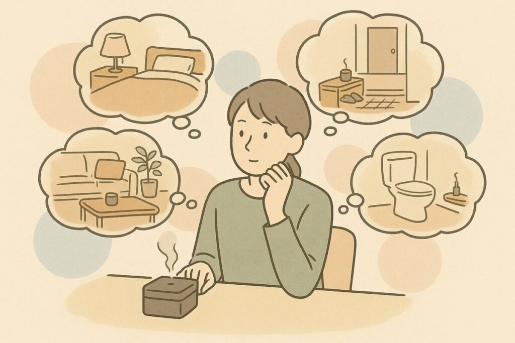 寝室やリビング玄関トイレなど4つのシーンを想像しながらディフューザーを選んでいる人物のイラスト