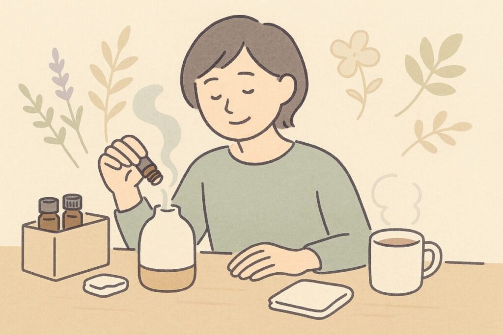 ディフューザーに精油を垂らして穏やかに香りを楽しむ人物を描いた、正しい距離感を示すまとめイラスト。