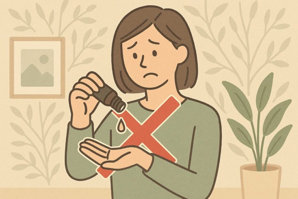 無印のエッセンシャルオイルを肌に直接垂らそうとする手元にバツ印を示し、肌への使用は不可であることを表現したイラスト。