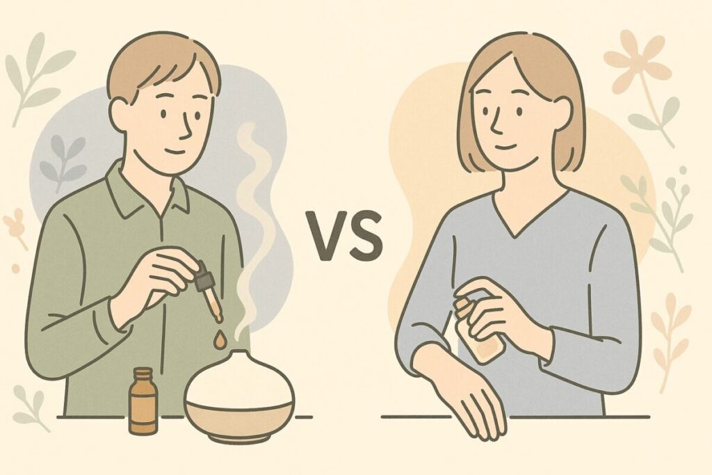 無印アロマをディフューザーで使う場面と、他ブランドの香水を肌に付ける場面を対比した用途の違いを表すイラスト。