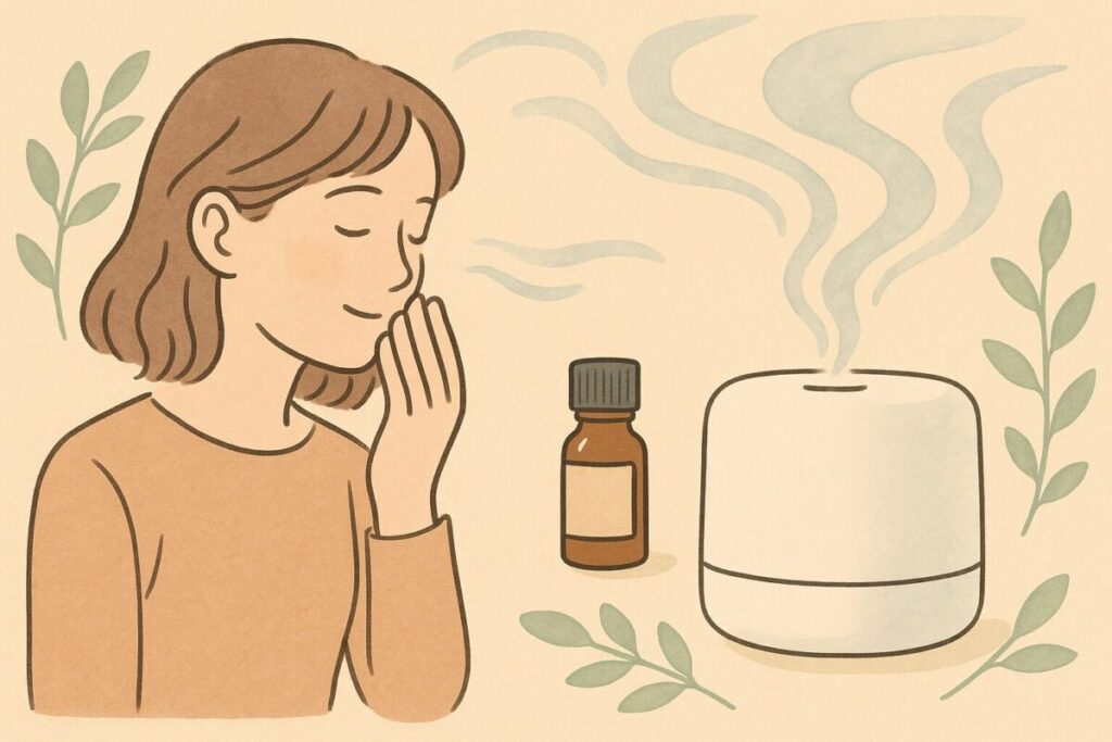 無印良品のアロマオイルをディフューザーで使う様子をやさしいイラストで表現。初心者が迷う滴数や置き方、お風呂やストーン活用まで総まとめの入門ガイドのイメージ。