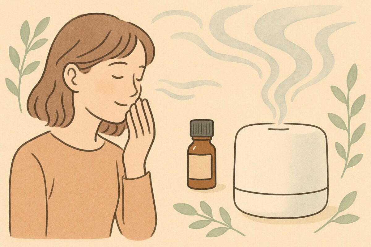 無印良品のアロマオイルをディフューザーで使う様子をやさしいイラストで表現。初心者が迷う滴数や置き方、お風呂やストーン活用まで総まとめの入門ガイドのイメージ。