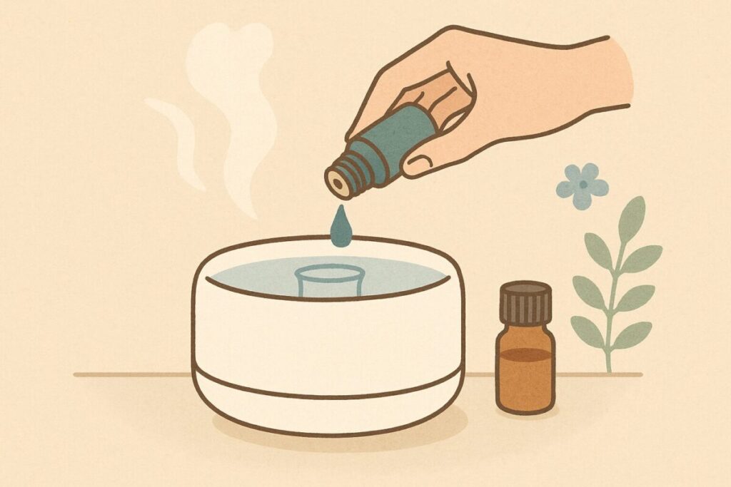 無印の超音波アロマディフューザーに精油を入れているシーン。タンク容量に応じた適切な滴数の考え方を示し、入れすぎを避けて香りを整えるイメージ。