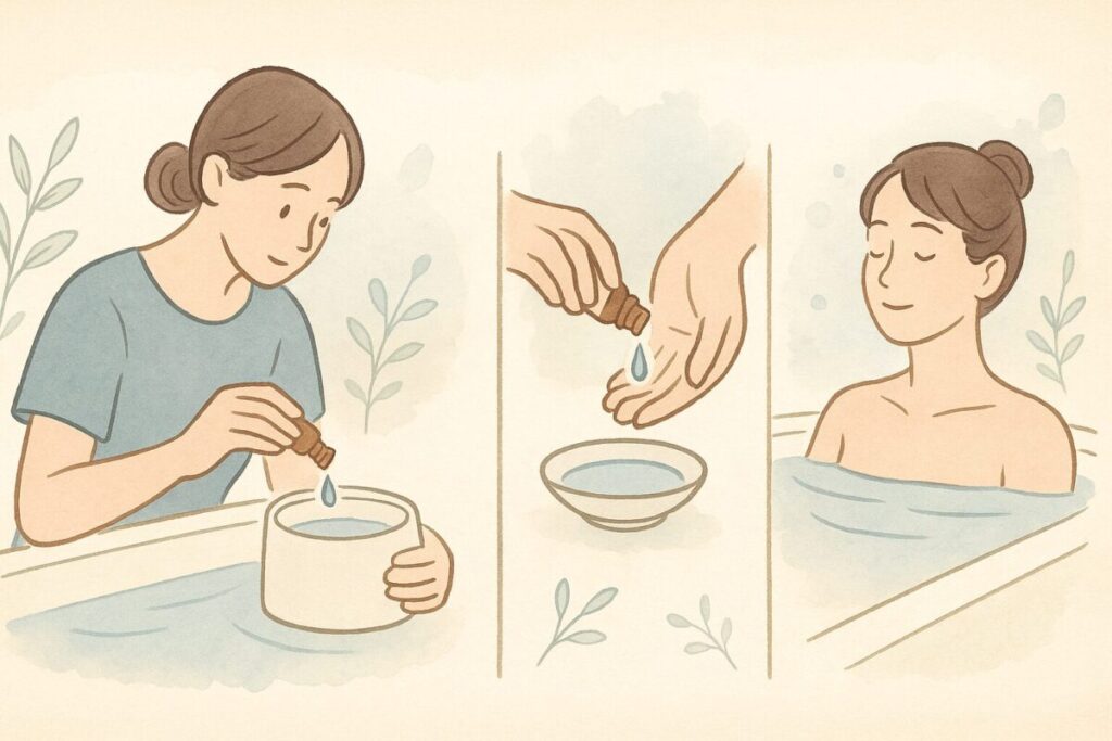 お風呂でアロマオイルを使うときの安全な方法を表現。入浴前に希釈してから湯面に広げる手順を、やさしい人物描写で紹介するイラスト。