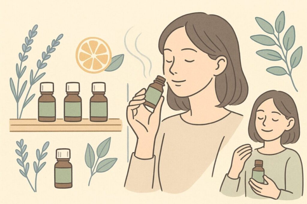 アロマオイルの保管と使用期限をわかりやすくイラスト化。直射日光や高温を避け、しっかりフタを閉めて高い場所に保存するイメージ。